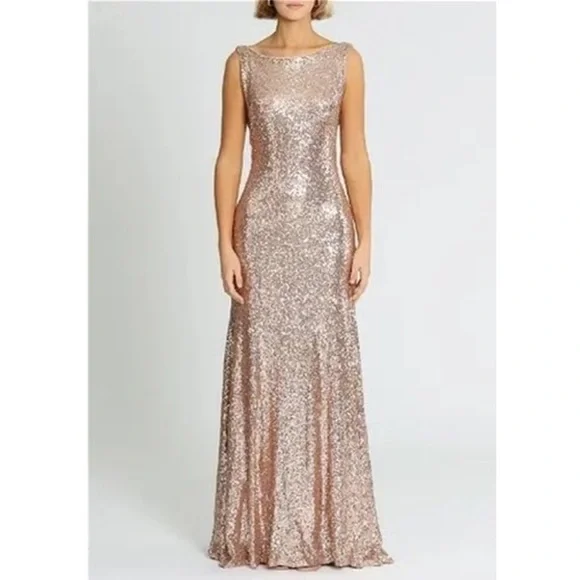 Theia Rose Gold Gemma Sleeveless Cut Sequin Embellishment Maxi Gown Size 4 - Picture 1 of 10